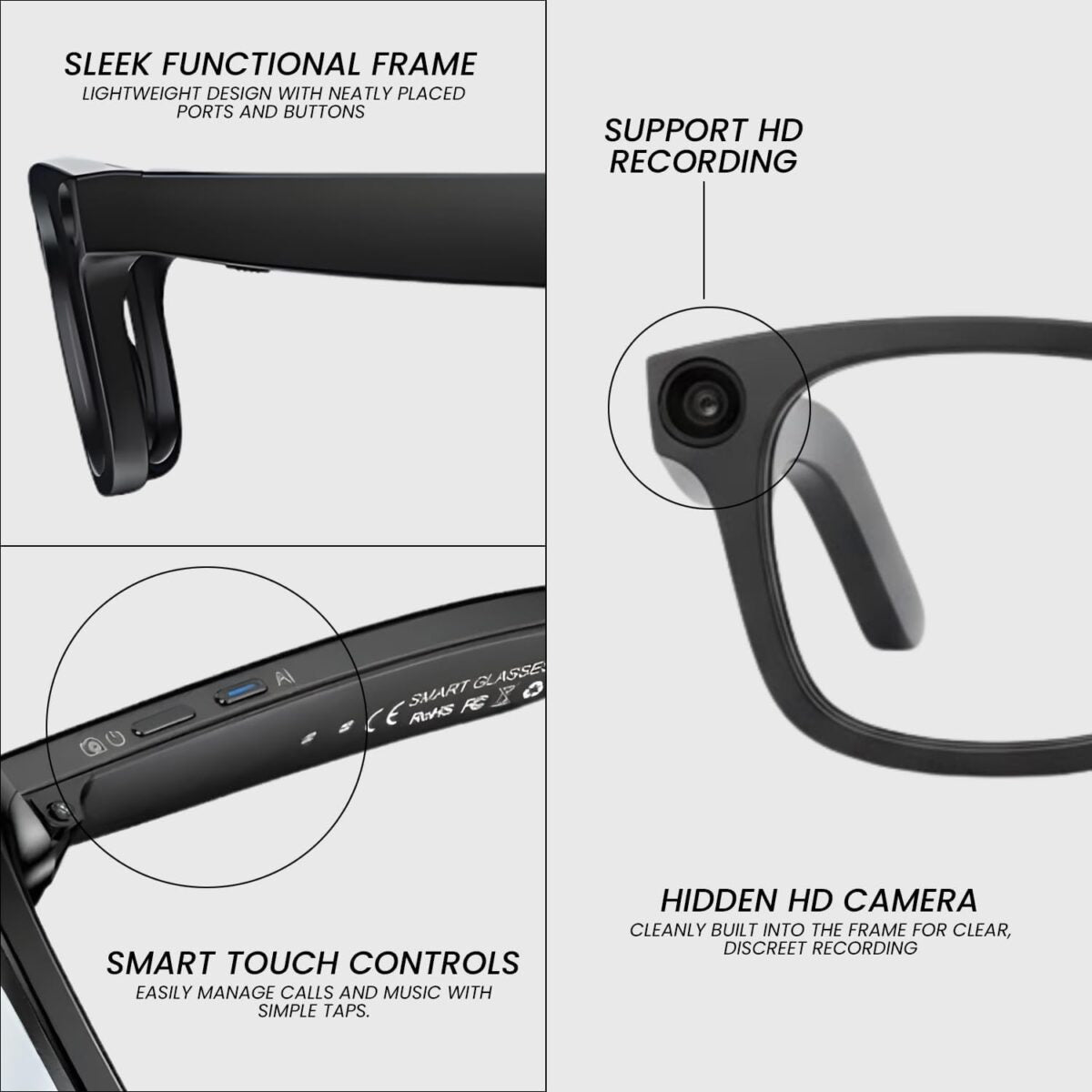 AI Smart Glasses with 8MP HD Camera, AI Voice Assistant & Bluetooth 5.3