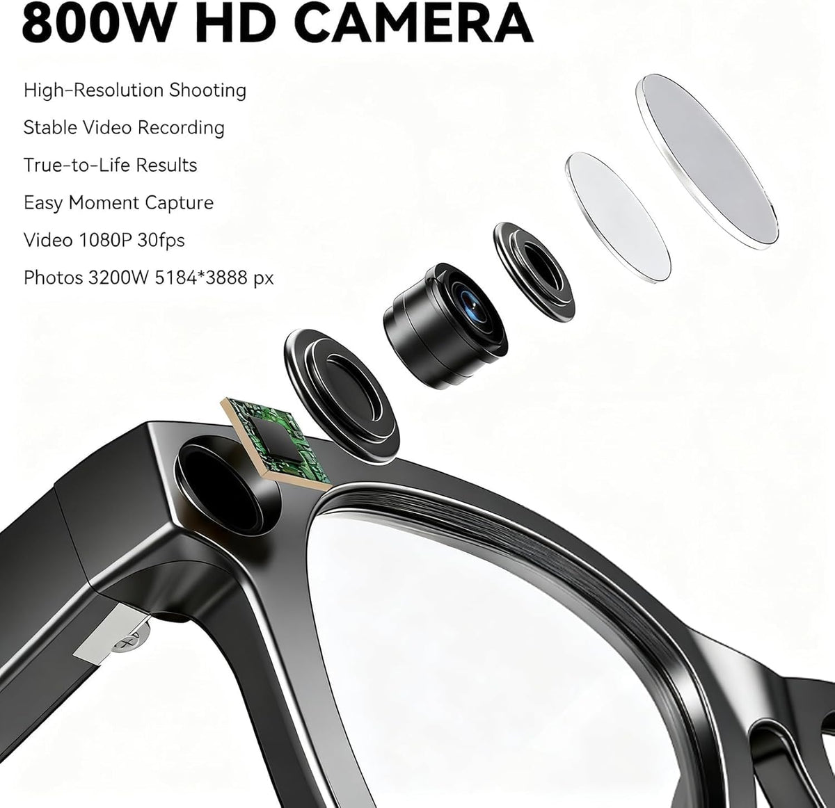 AI Smart Glasses with 8MP HD Camera, AI Voice Assistant & Bluetooth 5.3